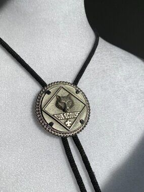 Vintage Cub Scouts Bolo Tie Necklace Black Cord Silver Tone Pewter Bear Western